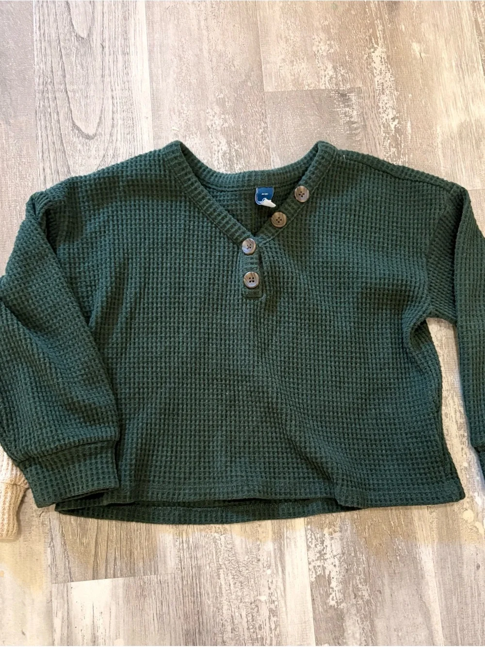 Old Navy Kids Waffle Henley Tops - Cream and Dark Green